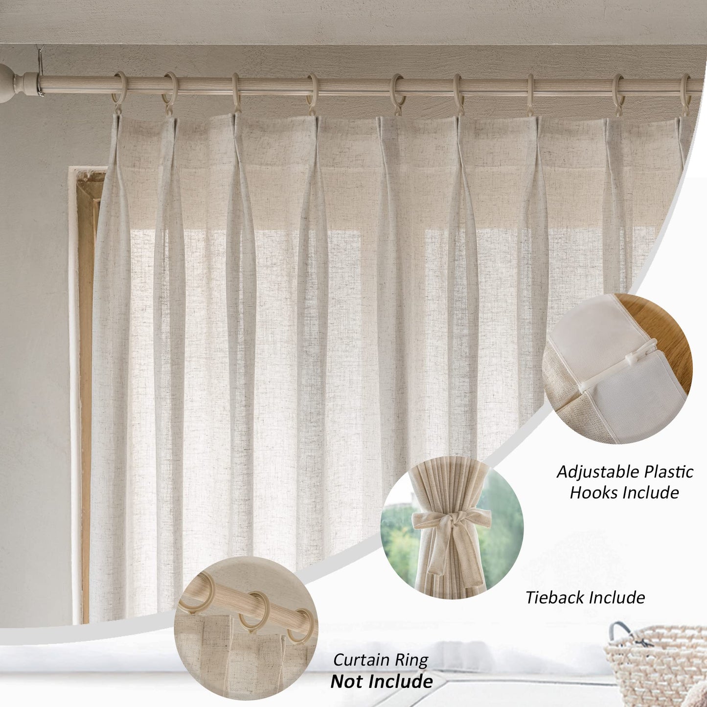 MAIHER 100 Inch Wide Pinch Pleated Curtains, Light Filtering Linen Texture Semi Sheer Curtains 96 Inches Long for Living Room Soft Drapery Pinch Pleat Drapes with Hooks 1 Panel, 100 W x 96 L