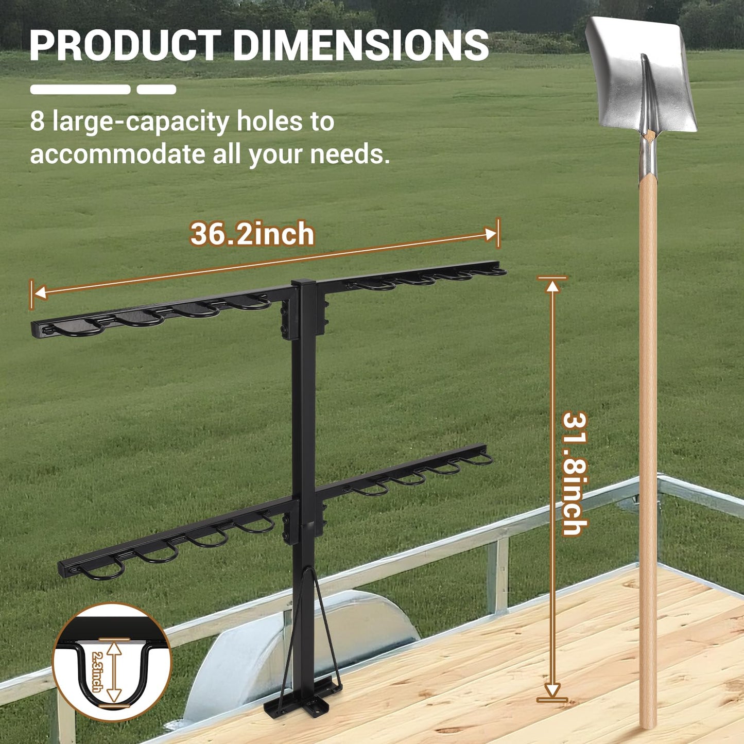 AugFir Upgraded Utility Trailer Accessories Trailer Tool Rack with 8 Tool Holes, Heavy-Duty Landscape Accessories Reinforced Base Shovel Holder Handle Tool Rack for Truck