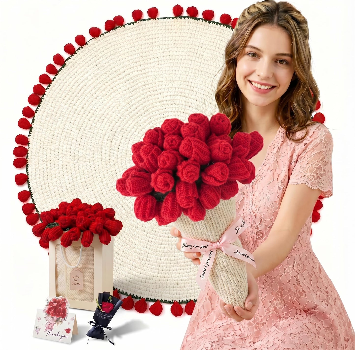 UODOR Flower Bouquet Blanket,Crochet Flower Bouquet Blanket Handmade, for Mother's Day, Valentine's Day, Birthday, Mom Grandma Home Sofa Decor (Finished Product) (Red, Small（31X31inches）)