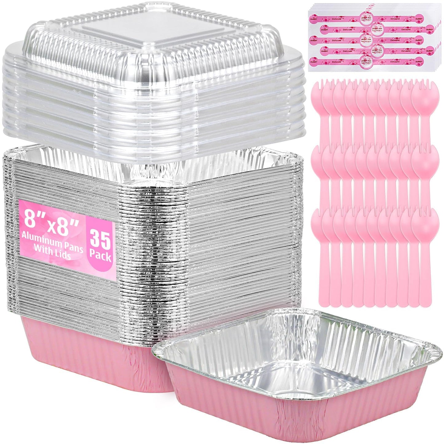 (35-Pack) Pink 8x8 Inch Disposable Aluminum Pans with Plastic Lids,Stickers and Cake Spoons,Square Cake Pans for Parties,Baking Trays,Foil Pans for Holiday Cooking, Parties Meal Prep, Storage