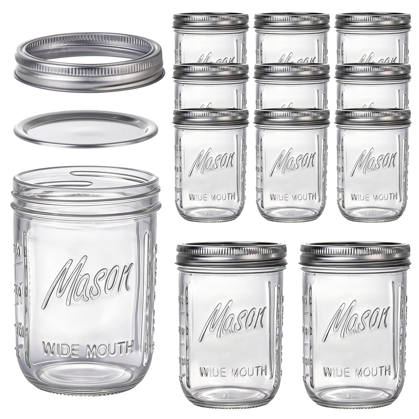 WELLIFE 12 Pack 16 oz Mason Jars with Lids, Wide Mouth Glass Canning Jars, Airtight Leak-Proof Storage Jars for Food, Pickling, Fermenting