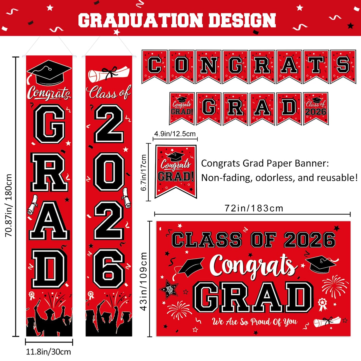 2026 Graduation Decorations, Red and Black Graduation Decorations Set with Congrats Grad Banner & Backdrop, Porch Sign, Hanging Swirls, Balloons, Honeycomb Centerpieces for All Congrats Grad Party Decorations