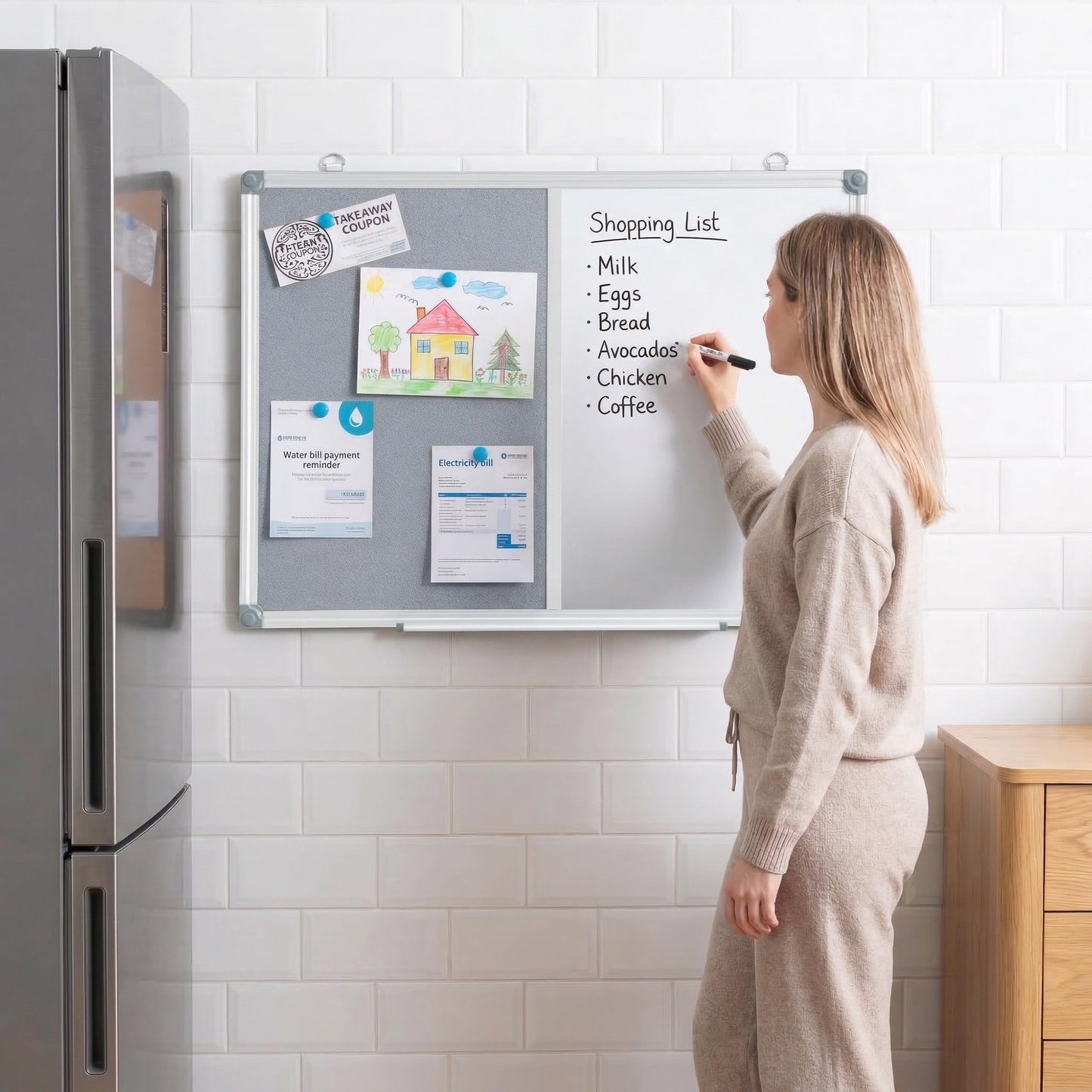 DexBoard Grey Bulletin Board and White Board Combo, 24 x 18 Inch Fabric Board, Magnetic Dry Erase Board & Corkboard for Wall, Vision Board for Home, Office, School