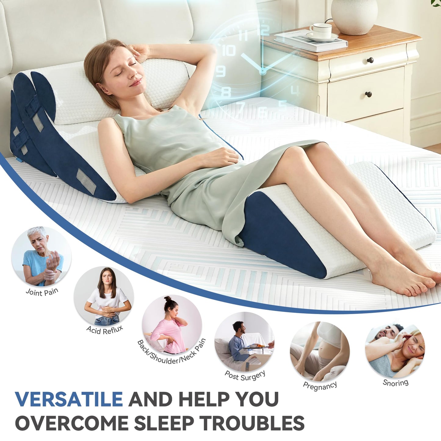 BDEUS 4PCS Bed Wedge Pillow Post Surgery, Orthopedic Sleeping Wedge Pillow Set for Back, Neck and Leg Pain Relief, Acid Reflux, GERD, Memory Foam Support Pillows for After Surgery, Navy