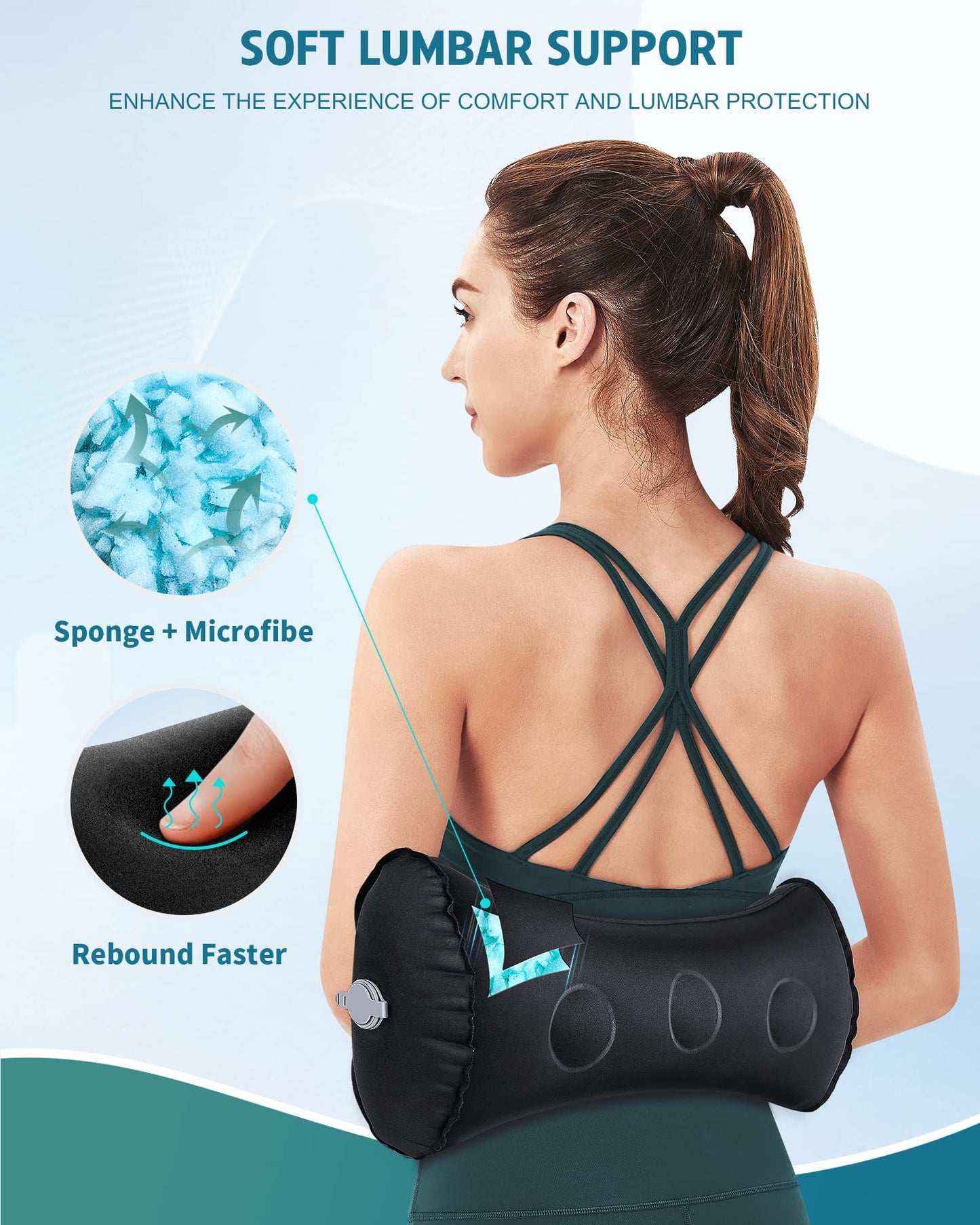 Inflatable Lumbar Pillow for Airplane Travel Lumbar Support Pillow for Car, Office Chair Back Support Office Chair Back Support for Reducing Lower Back Pain (Black)