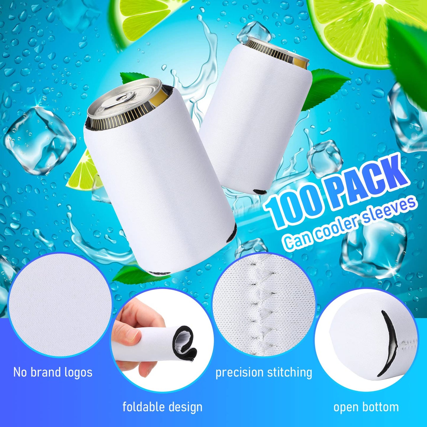 CHENGU 100 Pack Can Cooler Sleeves Neoprene Sublimation Insulated Beer Sleeves for Can Cooler Soda Drink Water Bottle Birthdays Weddings Bachelorette Party(Blank Style,White)