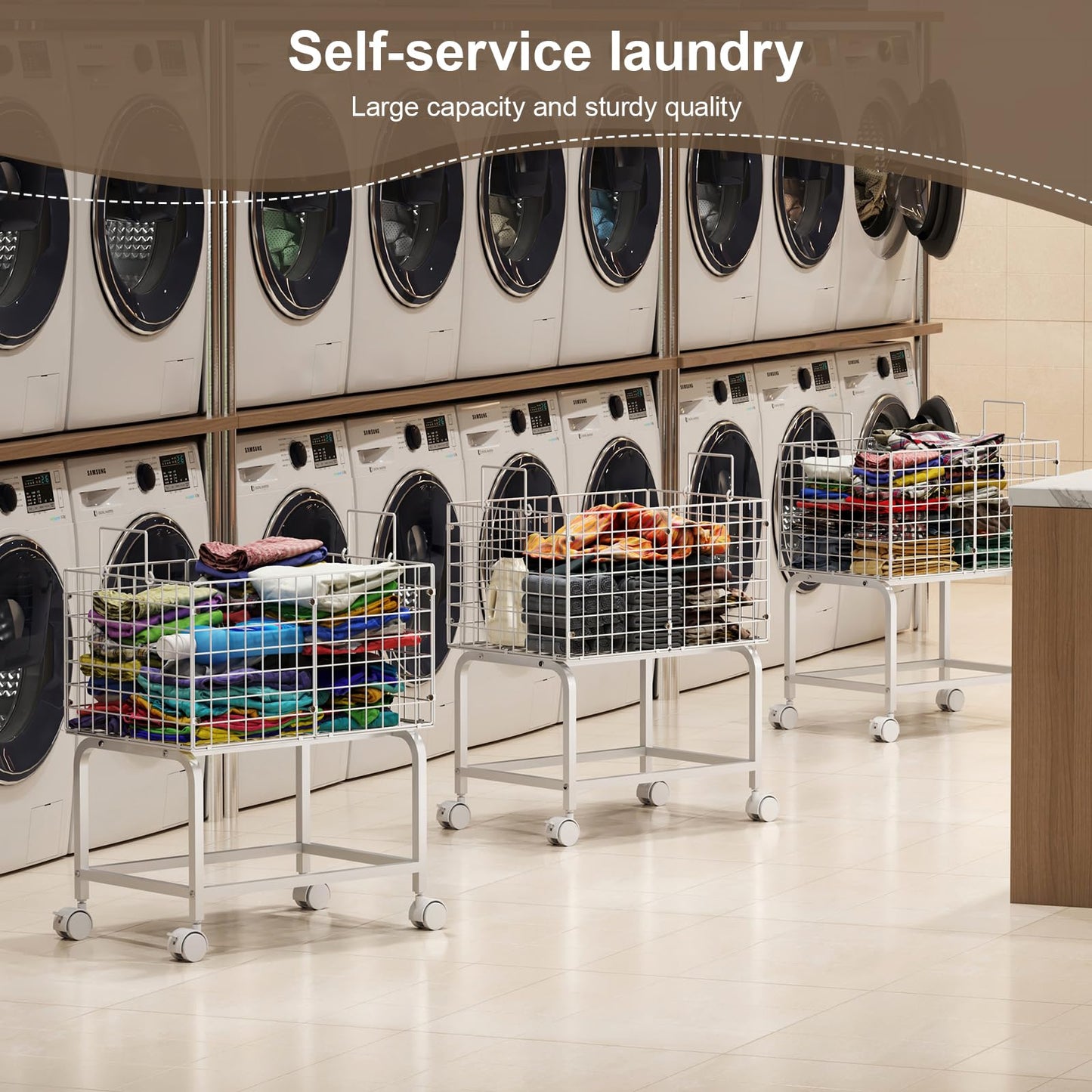 Wire Laundry Cart with Wheels,80L Rolling Laundry Basket Trolley with Pull Handle,White High Laundry Basket Cart for Laundry Room,Bathroom,Bedroom-White(23.6 * 15.75 * 28inch)