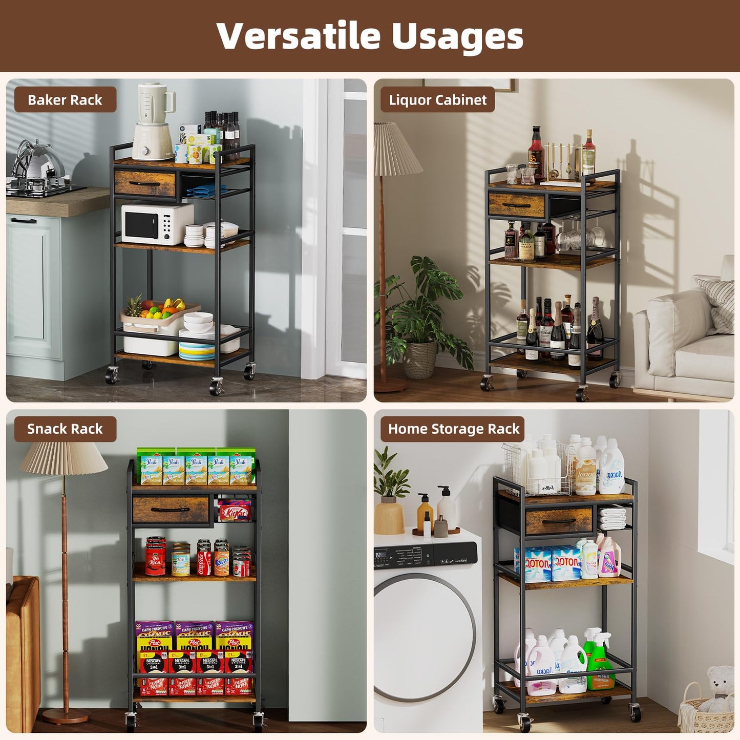 Housolution 4-Tier Coffee Bar Cart with Storage, 33" H Coffee Station Cabinet with Pod Drawers for Nespresso Vertuo, Mini Toaster Oven Stand Table for Home, Kitchen, Living Room (Rustic Brown)