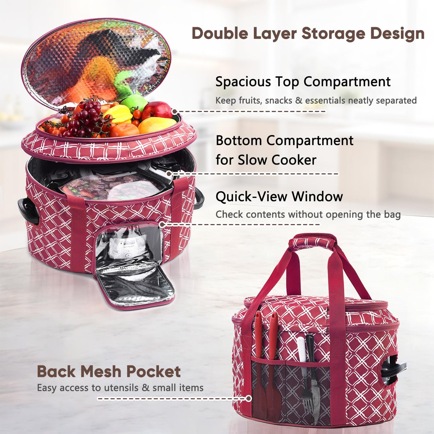 BAGSPRITE Double-layer Slow Cooker Carrying Case for Crock Pot 6-8 Quart, Insulated Crockpot Carrier with Adjustable Lid Straps,Portable Slow Cooker Travel Bag for Potluck, Parties, Family Gatherings