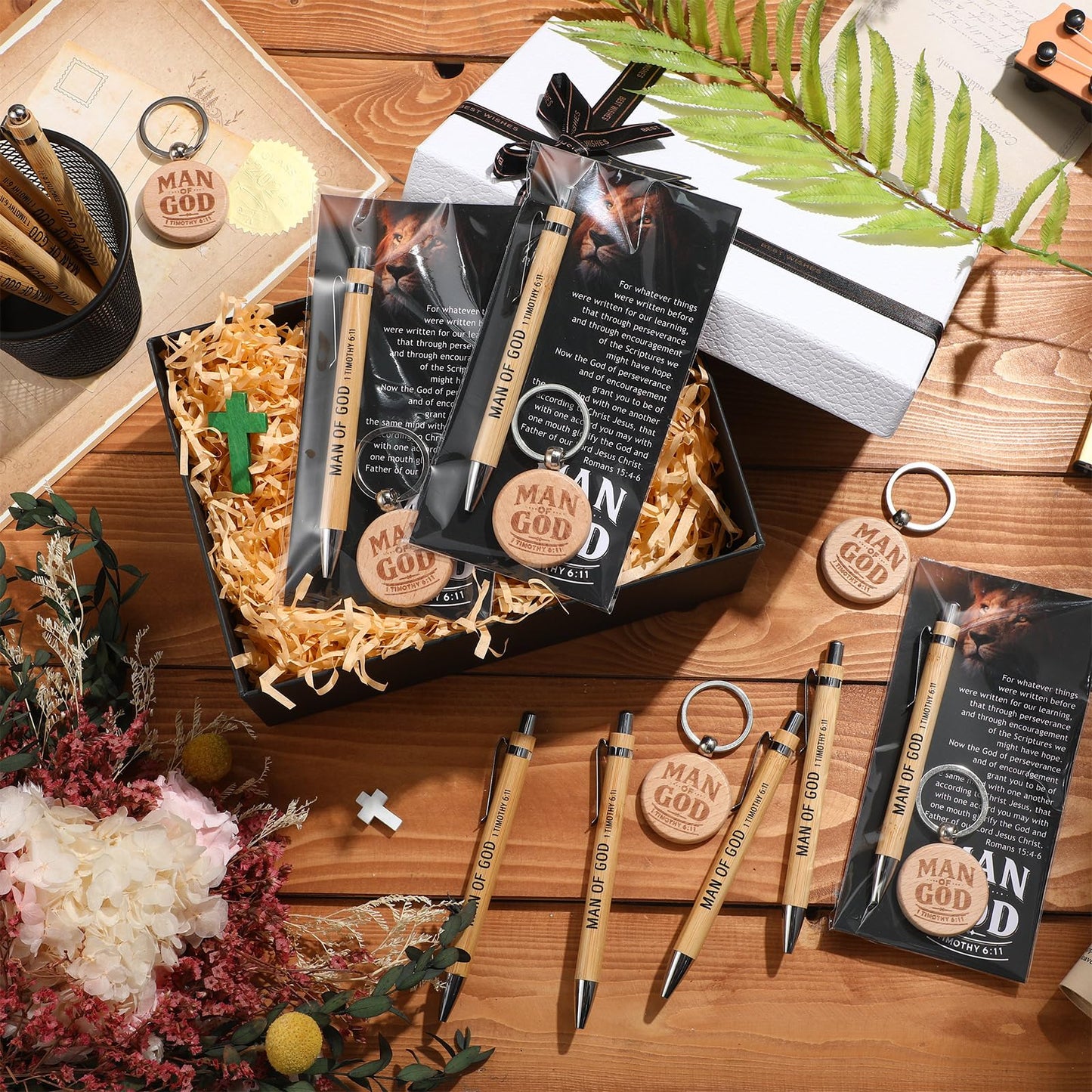 Landical 50 Sets Father Day Man of God Gifts for Men Christian Baptism Gifts, 50 God Keychains 50 Bible Verse Ballpoint Pens 50 Cards Pastor Appreciation Favors for Church Father's Day Supplies