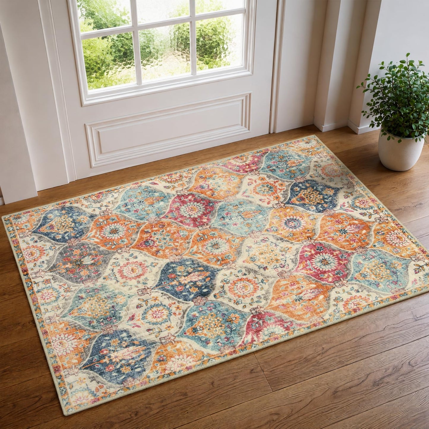 Lahome Moroccan Trellis Washable Rug, 2x3 Kitchen Rugs for Entryway Bathroom, Non-Slip Indoor Door Mat Ultra-Thin, Small Oriental Throw Carpet for Bedroom Entry Elise, Cream/Multi