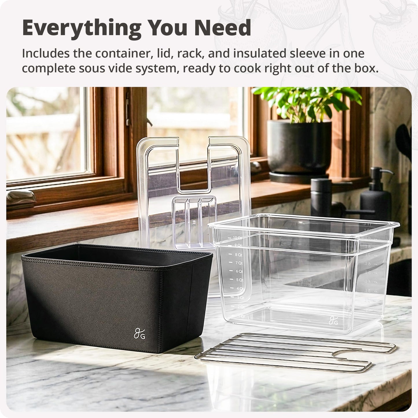 Greater Goods Sous Vide Container 12 Qt with Stainless Steel Rack, Insulation Sleeve, and Lid, (Onyx Black)