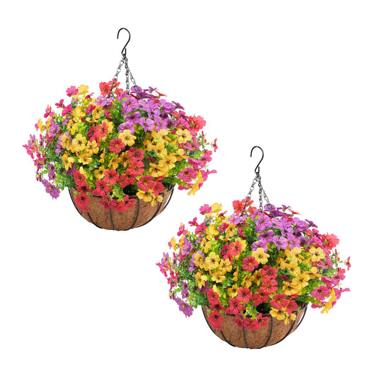 Stymedeca 2 Set Artificial Flowers Faux Hanging Plants Basket for Spring Summer Outdoor Outside Decoration, Fake Silk UV Sun Resistant Daisy Eucalyptus for Porch Home Patio Balcony Yard Decor