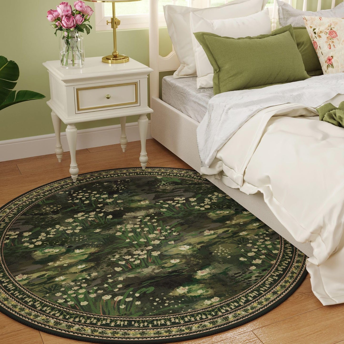 Rugcomf Circle Rug Impressionist-Style Vintage Round Rug 4ft Non Slip Low Pile Small Circular Rug for Bedroom Bathroom Entryway Kids Room Office College Dorm, Green