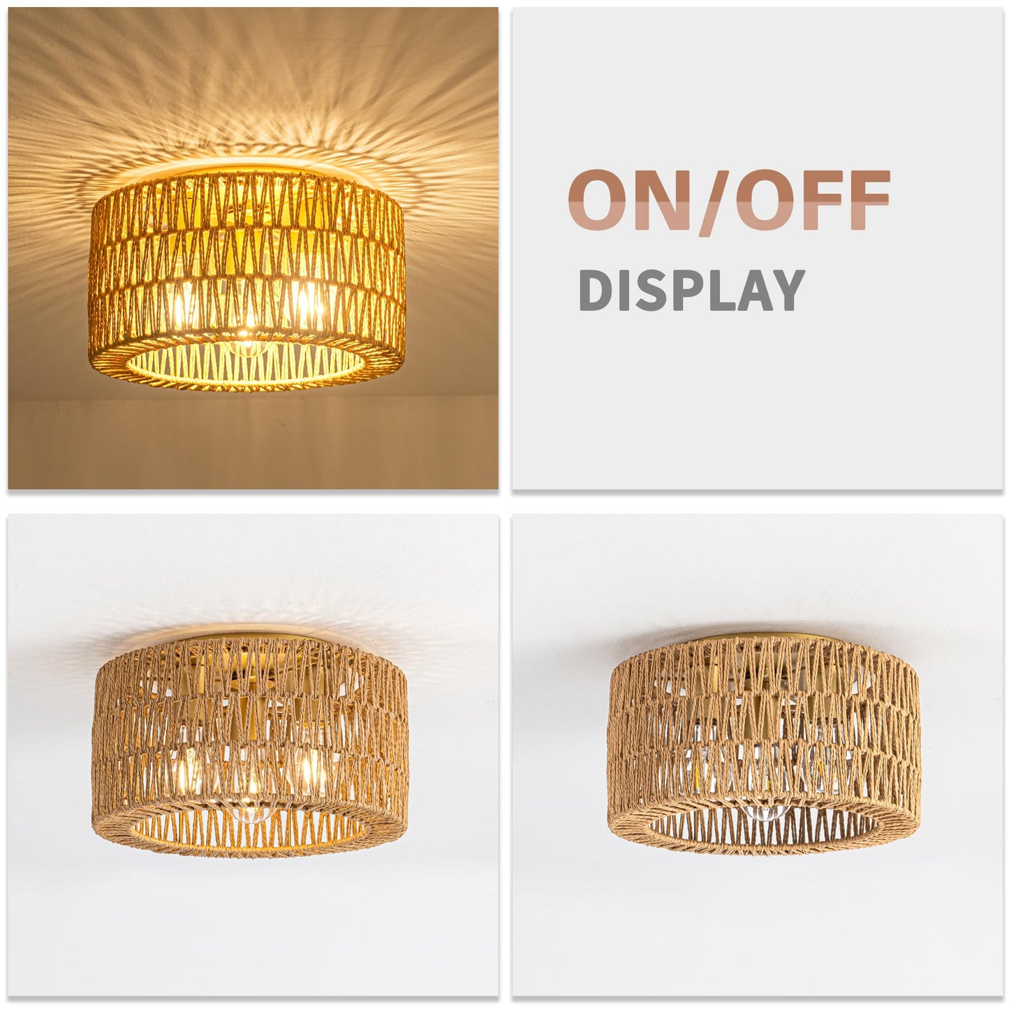 Rattan Ceiling Light Fixture, 3 Light Bohemian Modern Woven Ceiling Light, Boho Flush Mount Ceiling Light for Bedroom Living Room Dining Room, Bulb NOT Included