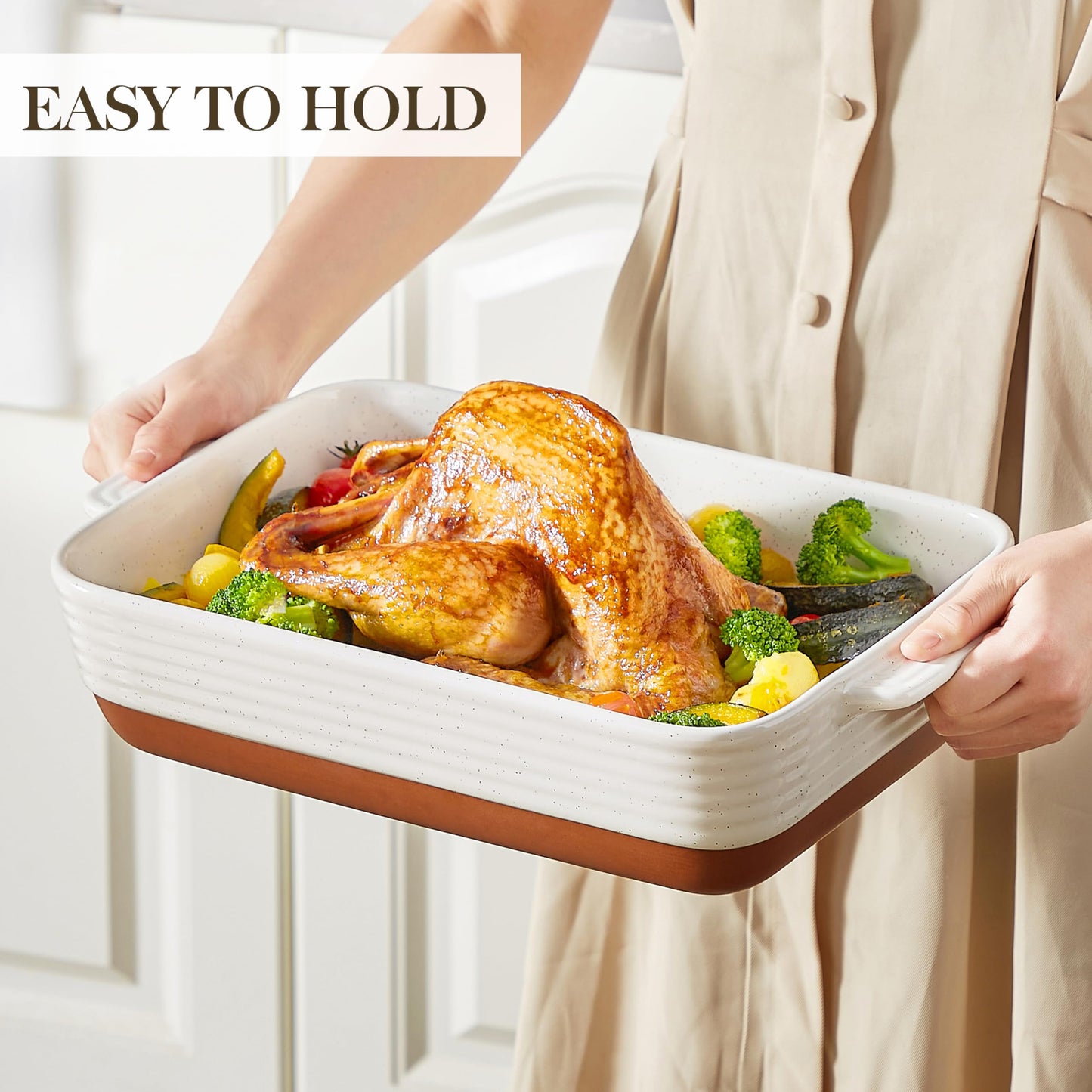 MALACASA Baking Dish 4.8 Qt Ceramic Casserole & Lasagna Pan, 9x13 Inch Deep Rectangular Oven Safe Dish with Handles for Baking, Roasting, Serving (Khaki & White) - Series Tara