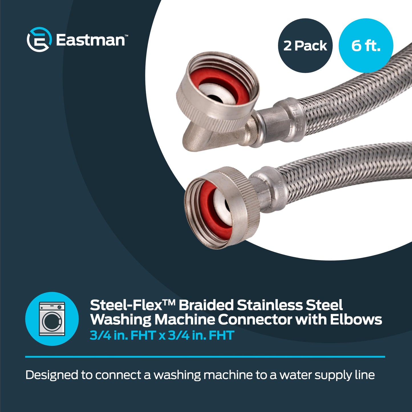 Eastman 6 ft Washing Machine Hose Connectors with Elbows, Pack of 2, 3/4 in FHT x 3/4 in FHT, Braided Stainless Steel, 41066