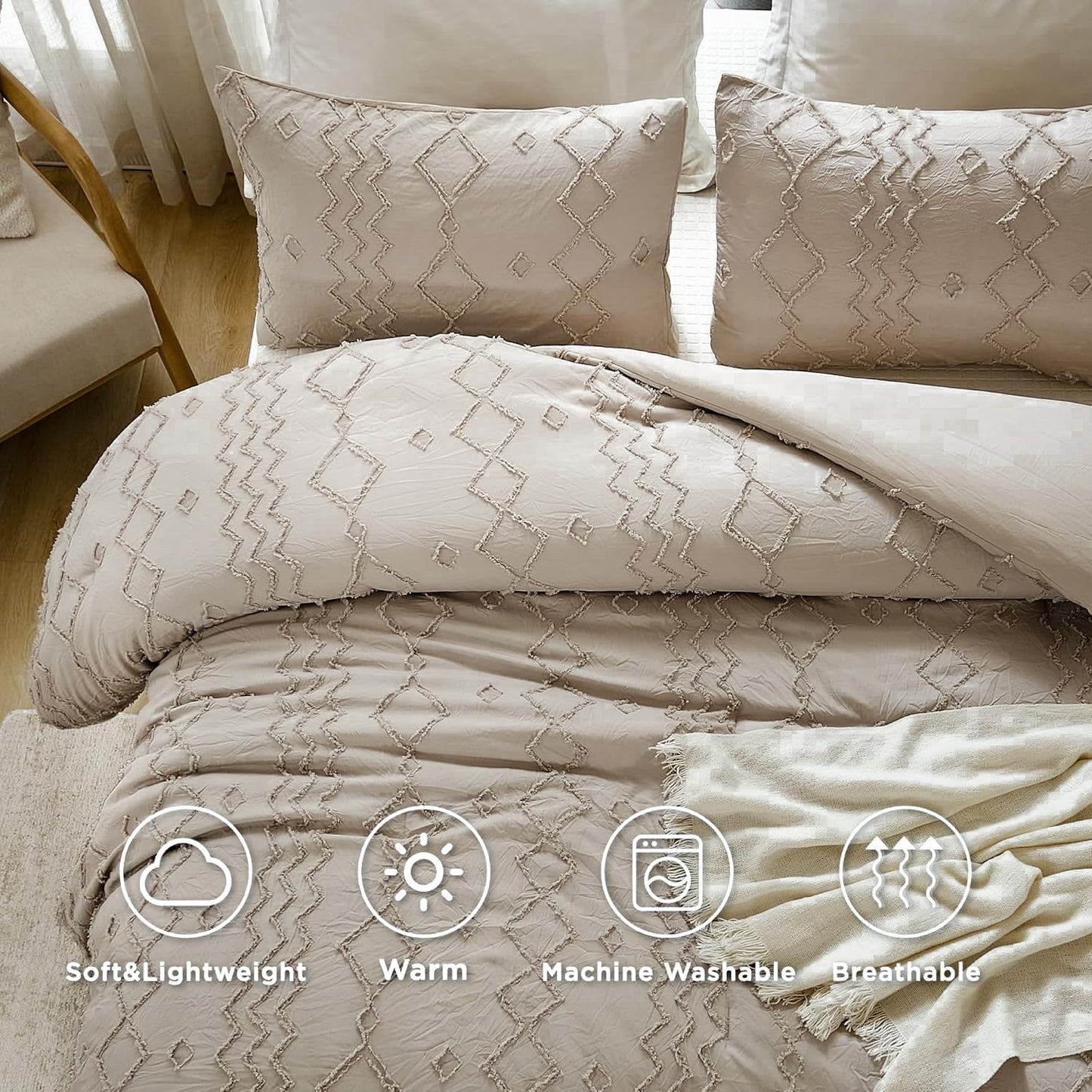 Andency Comforter King Size Set Khaki, 3 Pieces Boho Tufted Fall Bedding Comforters & Sets for King Bed, Soft Fluffy Tan Bed Set (104x90In Comforter & 2 Pillowcases)