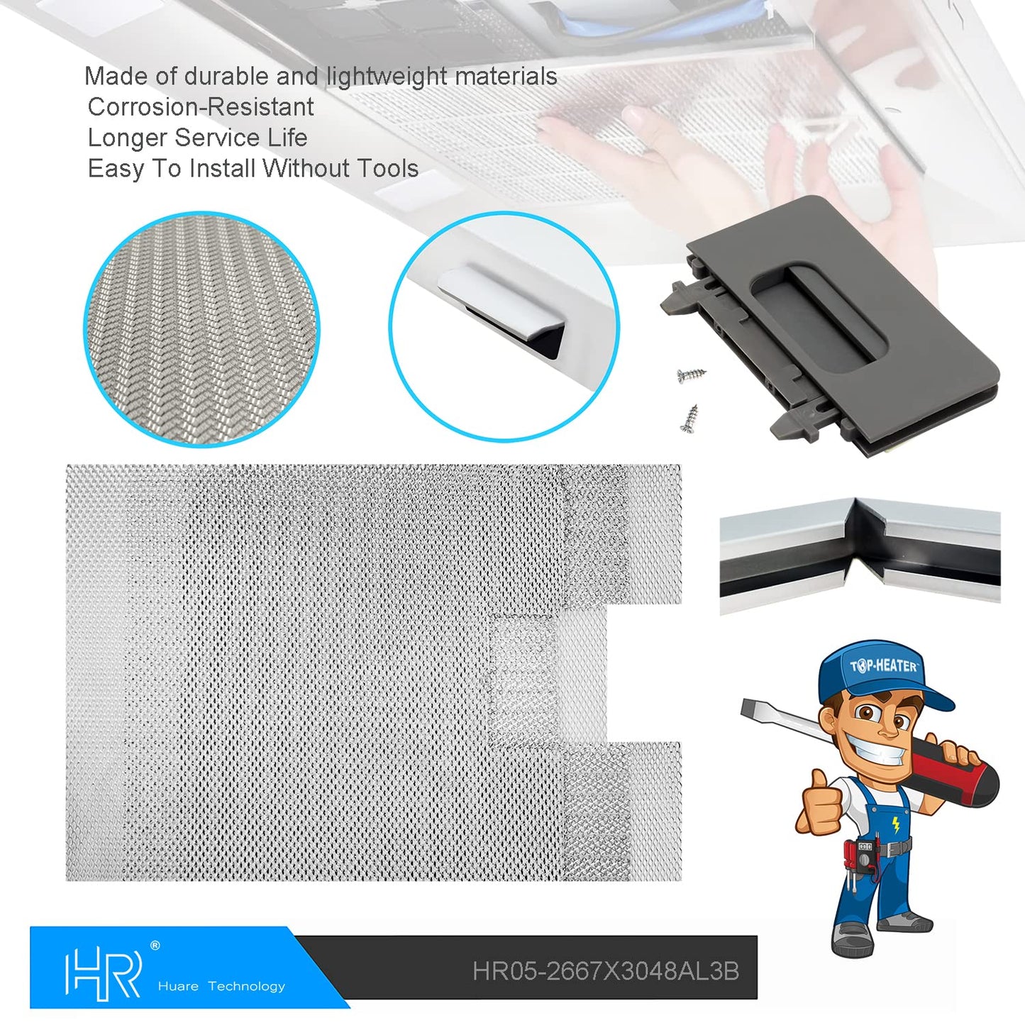 Upgraded W10169961A Range Hood Filter Replacement, Fits Whirlpool, Ikea, Kitchen Aid, Jenn Air, Aluminum Mesh Hood Grease Filter 10.5x12Inch, HR Huare Technology Aluminum Range Hood Vent Filters,3PCS