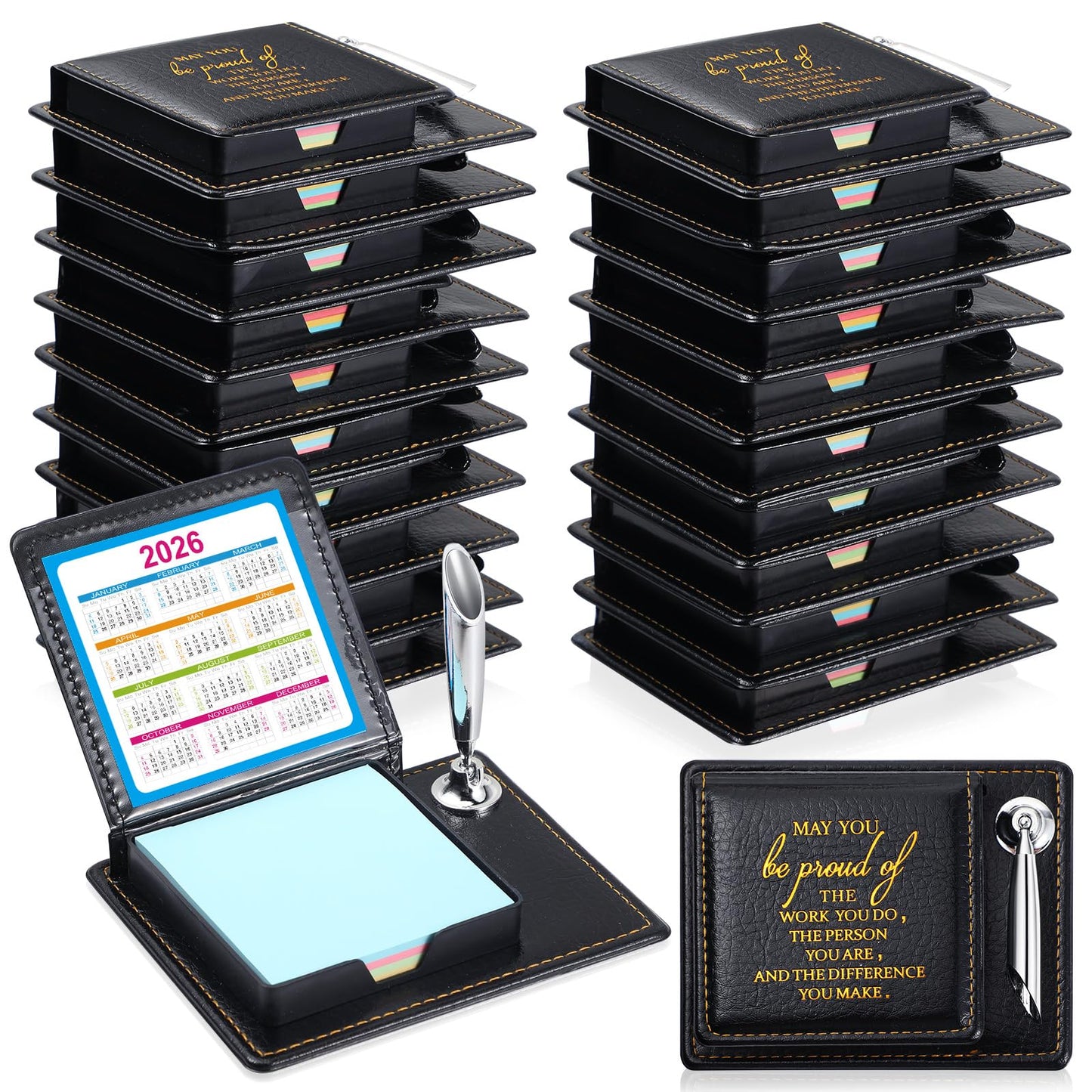 Tenceur 20 Pcs Appreciation Sticky Note Holder Gifts Bulk, Inspirational Thank You Sticky Note Holder, PU Leather Memo Box with Calendar for Women Men Emoloyee Coworkers Office Team