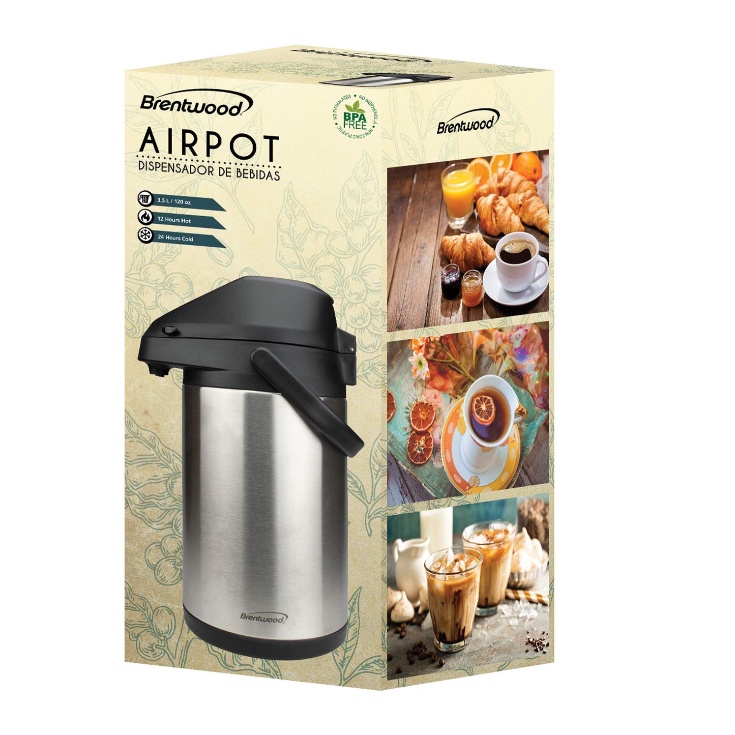 Brentwood 3.5-Liter Airpot Hot & Cold Drink Dispenser, Stainless Steel, Black