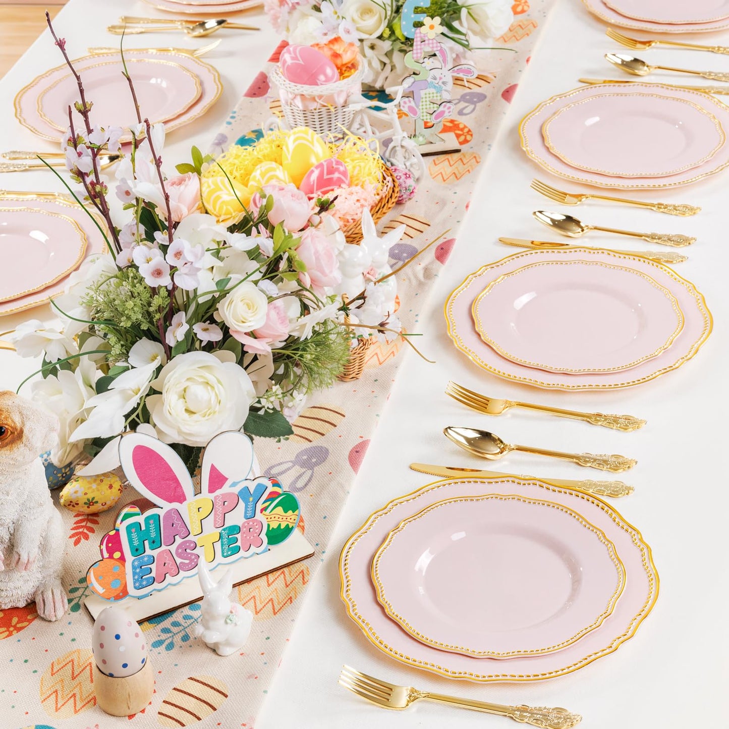 Hioasis 60pcs Pink Plastic Plates - Pink and Gold Disposable Dinnerware with Gold Rim, Heavy-duty, 10 inch, Dinner Plates for Party & Wedding