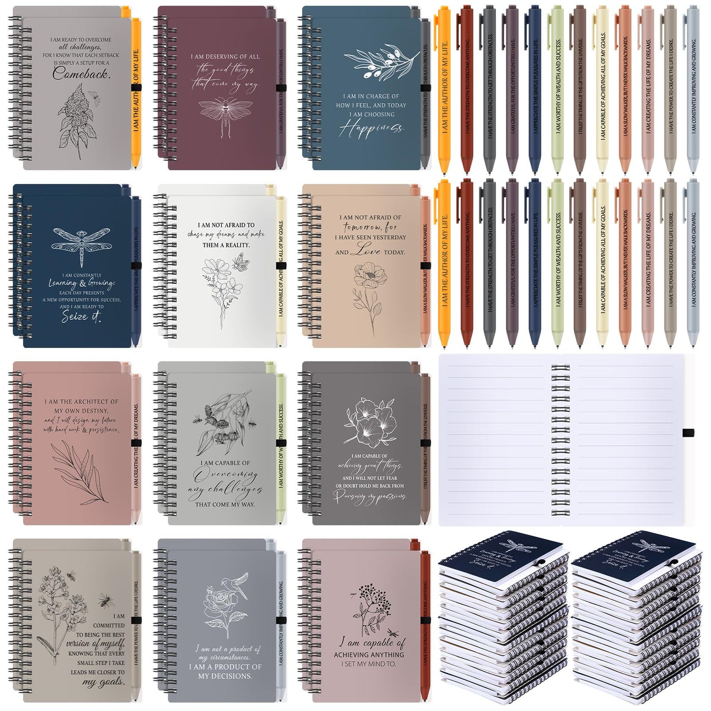 Kosiz 48 Pcs/24 Set Positive Affirmation Gifts Bulk for Women Men Gratitude Spiral Journals with Pens Motivational Notebooks Back to School Gifts for Students Employee Coworker Teacher Nurse (Simple)