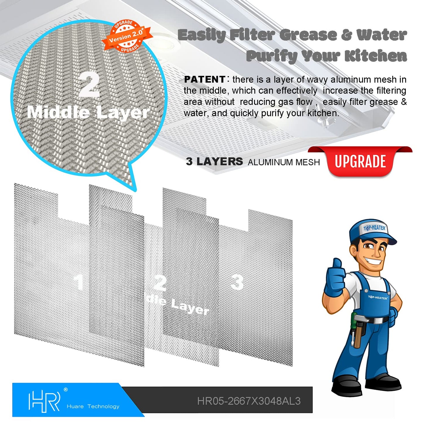 Upgraded W10169961A Range Hood Filter Replacement, Fits Whirlpool, Ikea, Kitchen Aid, Jenn Air, Aluminum Mesh Hood Grease Filter 10.5x12Inch, HR Huare Technology Aluminum Range Hood Vent Filters,3PCS