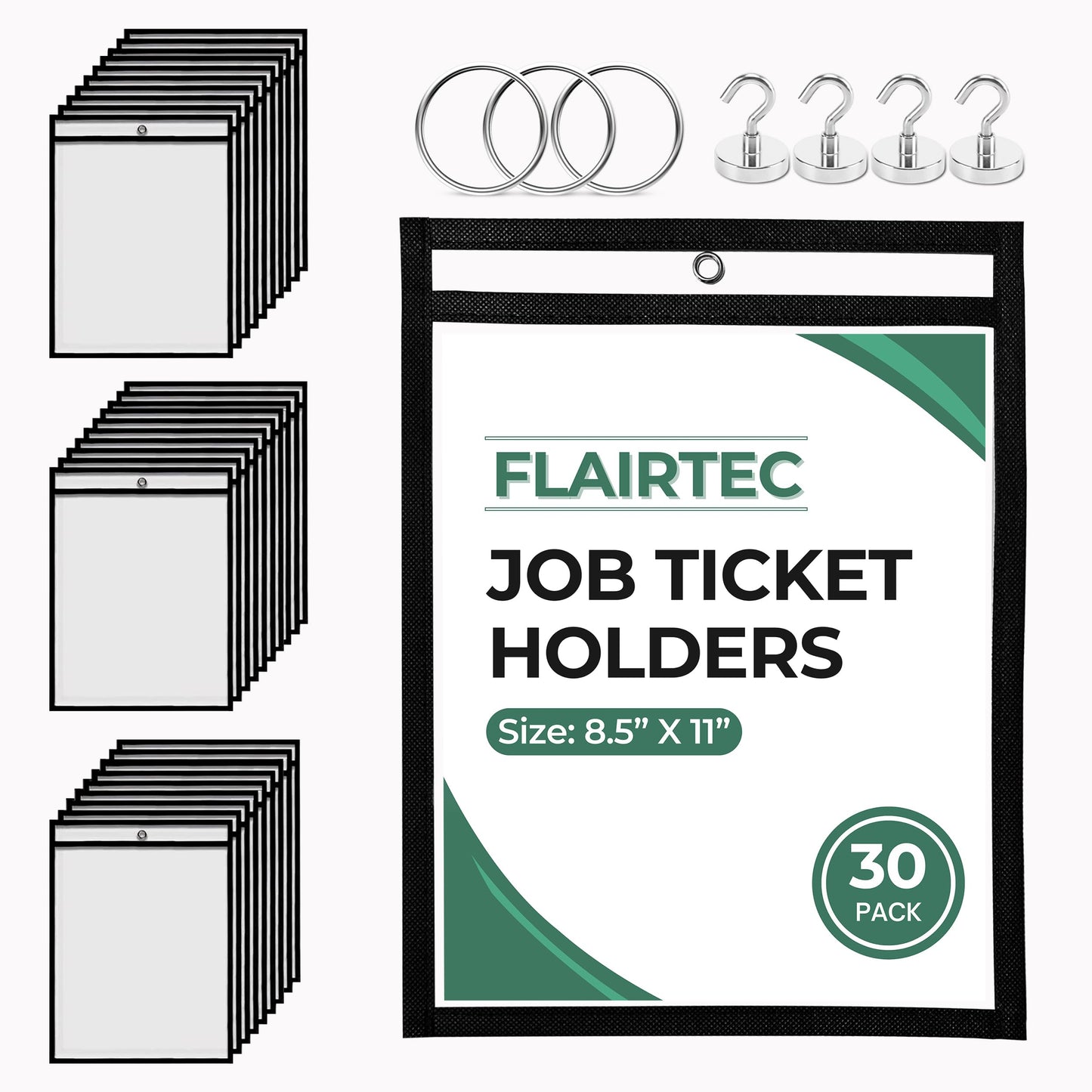 Job Ticket Holders 10x14 - (30 Pack) 8.5x11 Letter Size | Reusable Dry Erase Pockets Black with Metal Rings & Hooks | Durable Clear Shop Sleeves for Work Order | Perfect for Classrooms