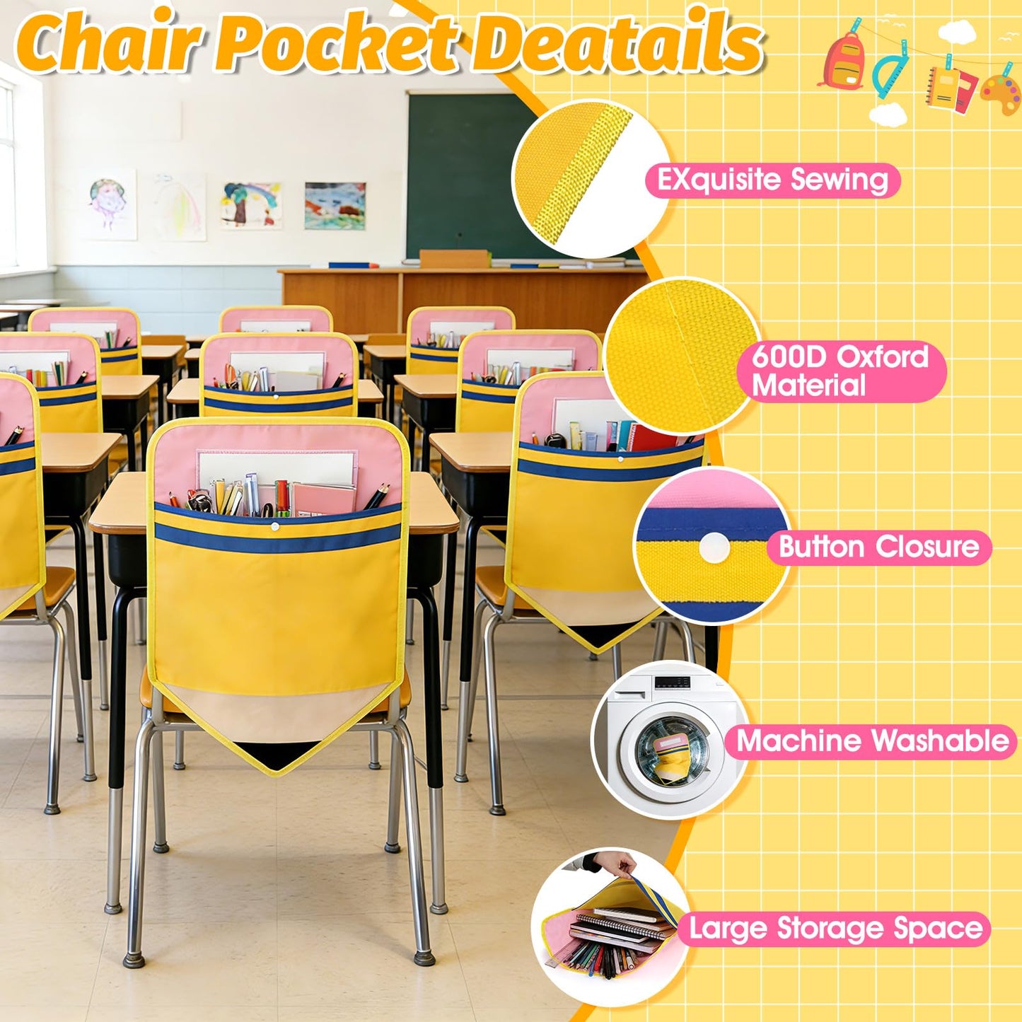 12 Pack Pencil Chair Pockets for Classrooms 17x18 Inch Seat Sacks with 12 Name Slots Chair Back Buddy Student Back of Chair Organizer for K-2 Seat Supplies