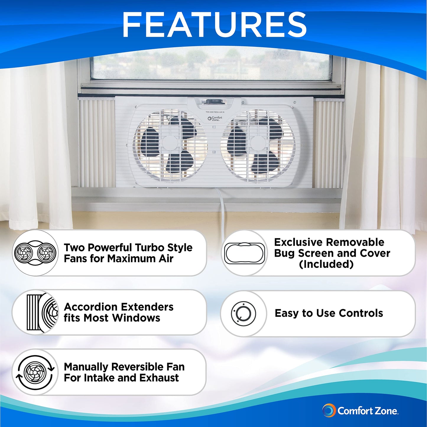 Comfort Zone Twin Window Fan with Reversible Airflow Control, 9 inch, Auto-Locking Expanders, 2 Speed Fan, Dual Fan, Exhaust, Airflow 9.84 ft/sec, Ideal for Home, Kitchen, Bedroom & Office, CZ319WT