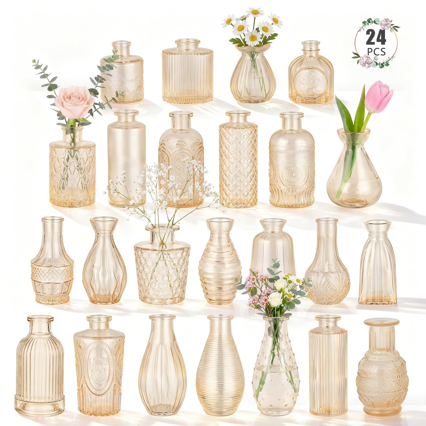 24 Pack Bud Vase in Bulk - BEAHOT Gold Flower Vases for Wedding Decorations, Glass Vase for Table Decorations, Small Vase for Home, Mother's Day, Centerpieces, Party, Office (Gold)