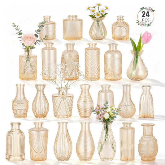 24 Pack Bud Vase in Bulk - BEAHOT Gold Flower Vases for Wedding Decorations, Glass Vase for Table Decorations, Small Vase for Home, Mother's Day, Centerpieces, Party, Office (Gold)
