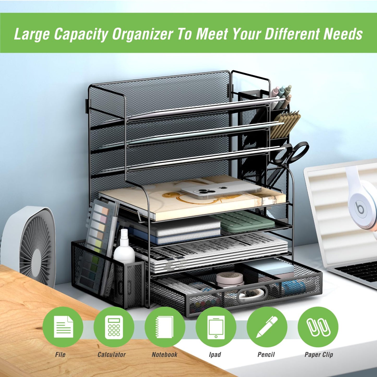 JIIAUSS 7 Tier Desk File Organizer Office storage Desk Accessories, Desktop Organizer for Office Supplies with Drawer and 2 Pen Holders (Black)