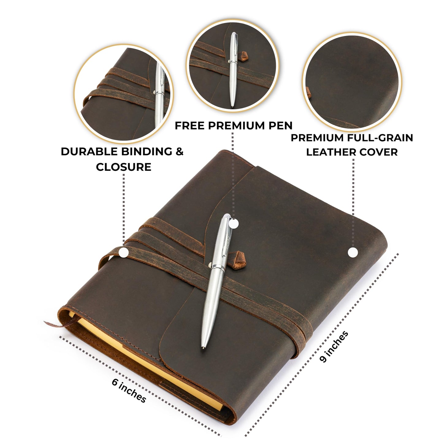 Premium Leather Journal for Men Women - Refillable Leather Notebook Cover with Pen - Leather Bound Notebook Lined Paper A5, Travel Journal - Ideal for Writing, Journals, and Notebooks