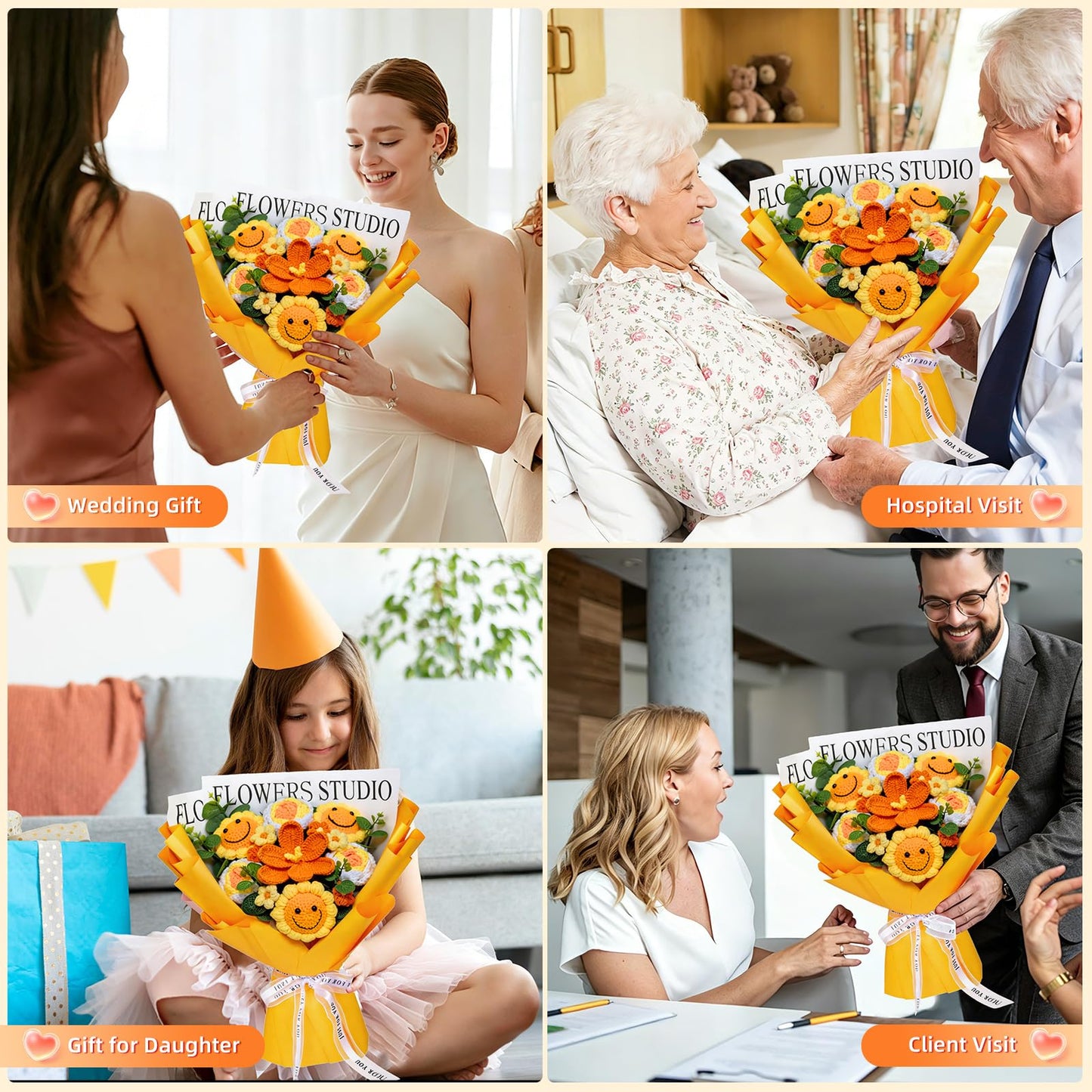 Bnoiiok Crochet Flower Bouquet, Handmade Knitted Flowers Bouquet,Orange Crochet Bouquet, Crochet Sunflower Unique Gift for Women Wife Teacher Birthday Anniversary Graduation Gifts