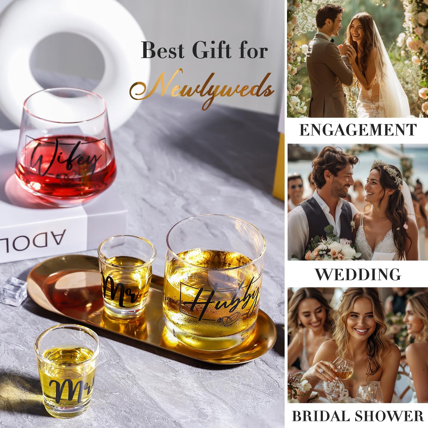 JOVGANK Wedding Gifts for Couples 2026, Bridal Shower Gifts, His and Hers Glass, Mr and Mrs Shot Glass, Hubby and Wifey Gift, Anniversary Couples Gift for Bride and Groom
