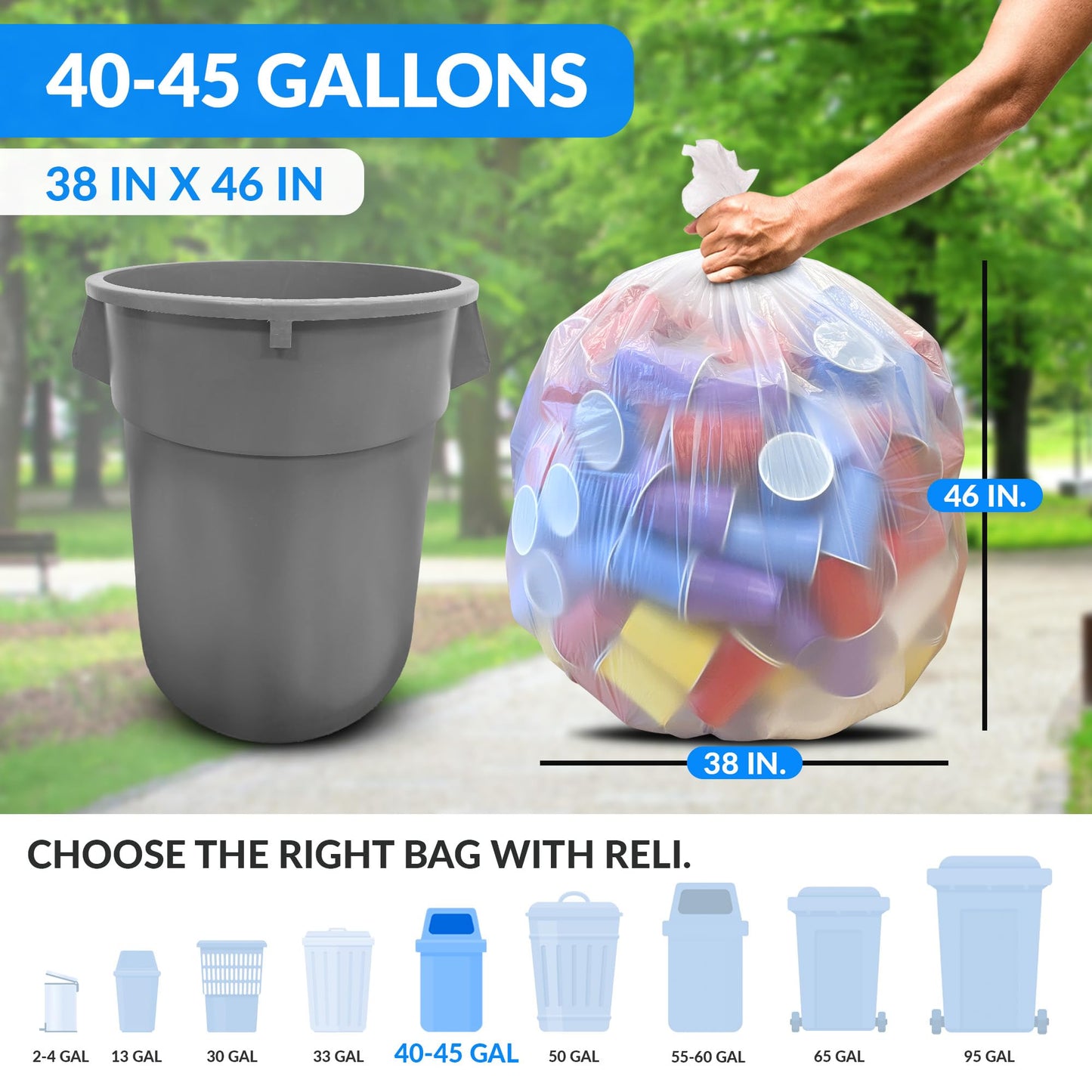 Reli. Premium 40 to 45 Gallon Trash Bags Heavy Duty | 150 Trash Bags with Ties | Super Sizeable, Clear, Serious Garbage Cleanup