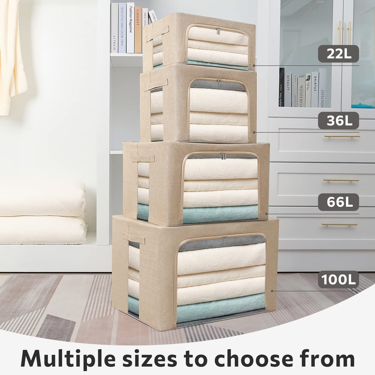 FHSQX Extra Large Clothes Storage Bins Foldable Metal Frame Storage Box Stackable Linen Fabric Box Organizer Set with Carrying Handles and Clear Window (Beige, 23.6x 16.5x 15.7 Inch)