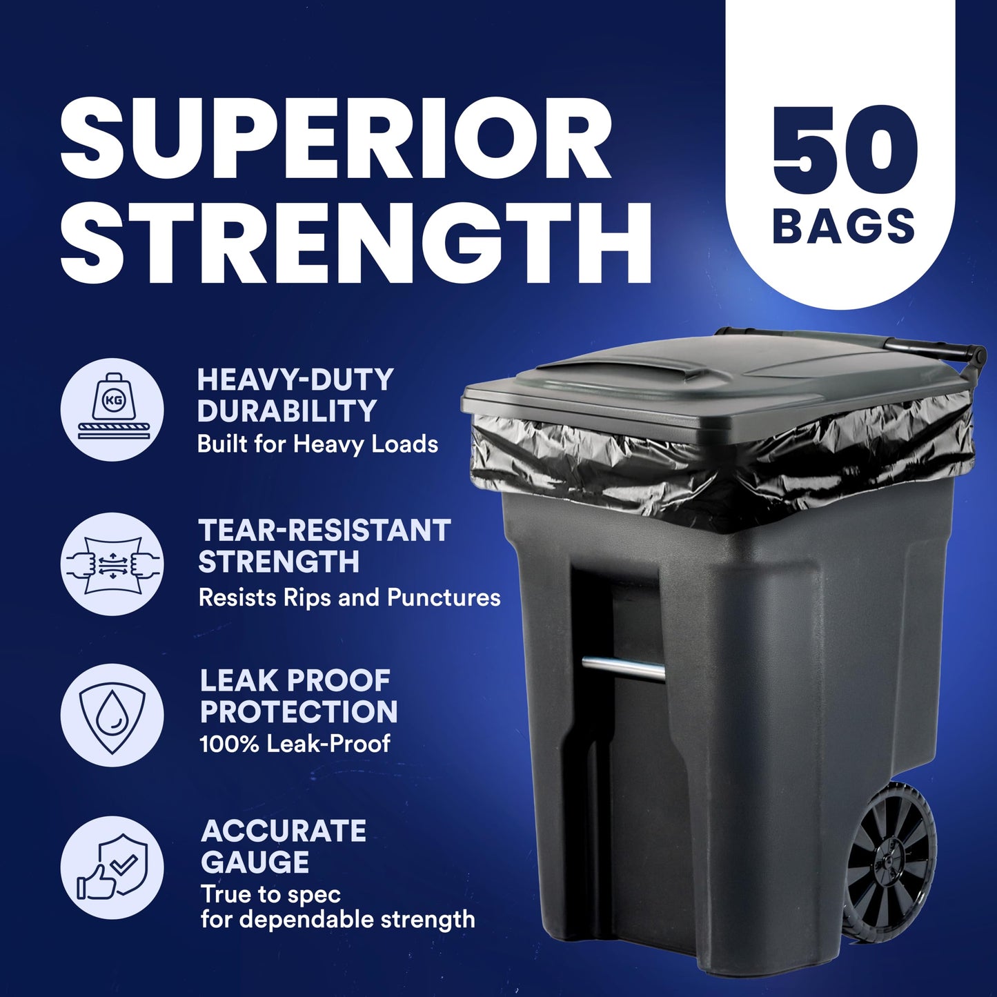 Plasticplace Black Trash Bags (50 Count) – Heavy Duty 64-65 Gallon Garbage Bags, Puncture Resistant, Large Trash Can Liners, Ideal for Toter Cans, Kitchen & Outdoor Use, 50" x 60" 1.5 Mil