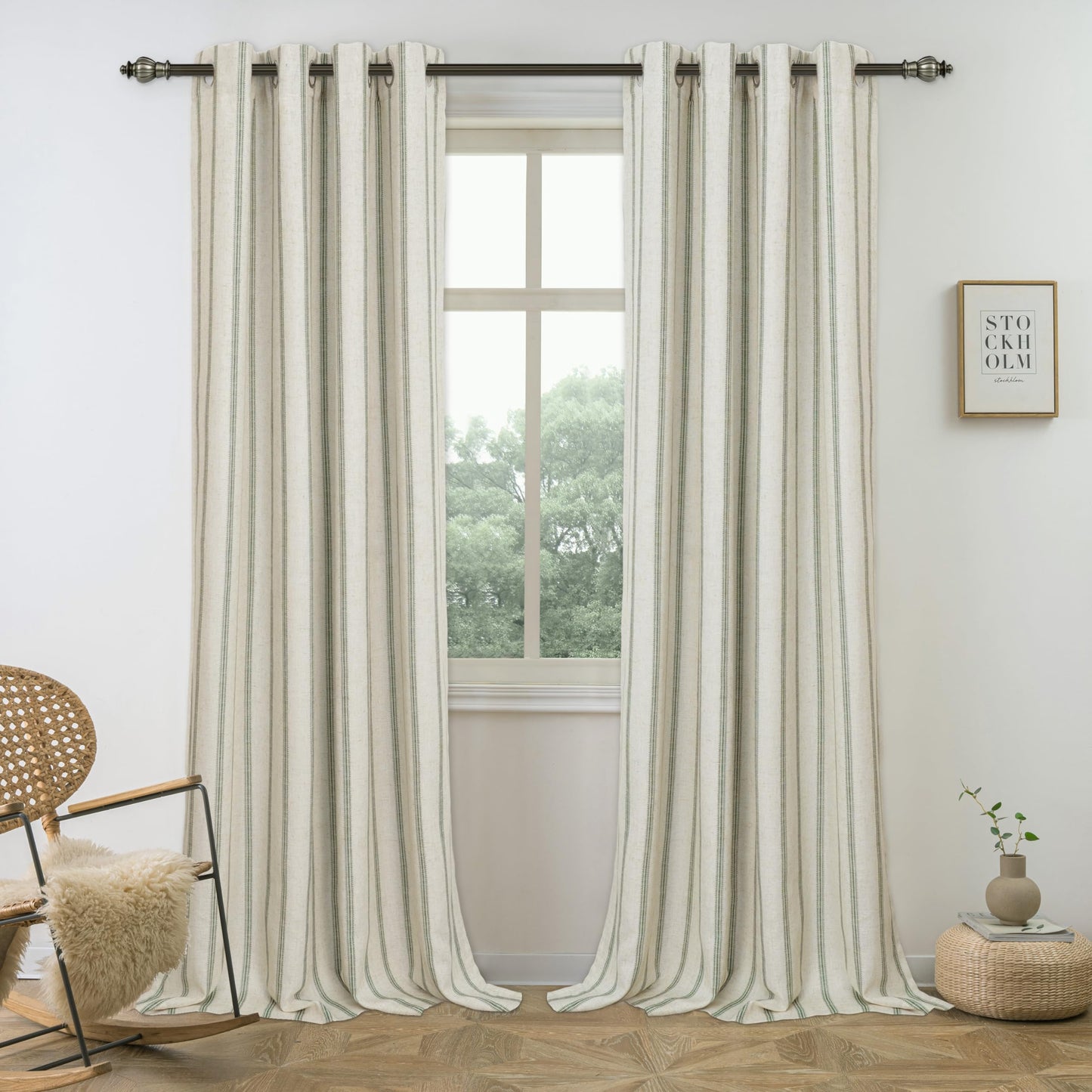 DriftAway Farmhouse Linen Blackout Curtains 84 Inches Long for Bedroom Striped Double Layer Thermal Insulated Sound Reducing Lined Grommet Rustic Drapes for Living Room 2 Panels W52 x L84 Loden Green
