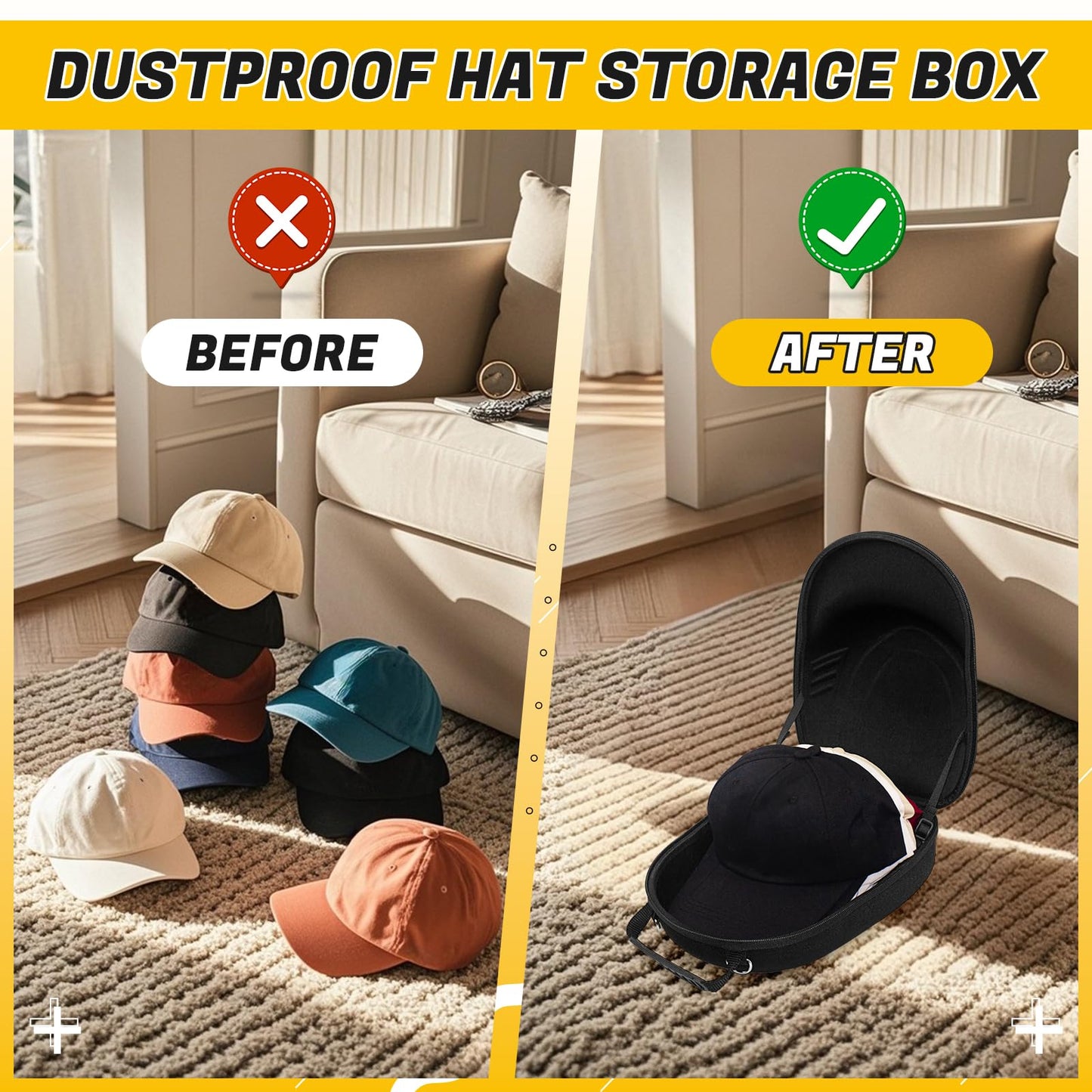 HZJYW Hat Travel Case,Hat Case for Baseball Caps with Carrying Handle and Adjustable Shoulder Strap,Organizer Protects up to 6 Hats, Box for Travel and Home Storage(Black)