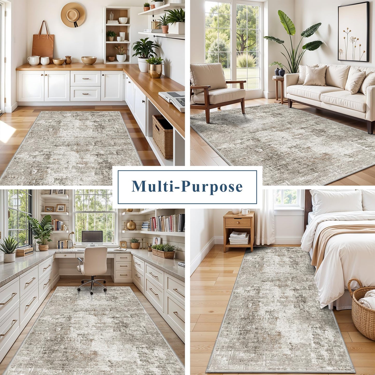 4x8 Washable Area Rug – Non-Slip Rubber Backed Indoor Rug for Entryway, Kitchen, Hallway | Modern Abstract Neutral Low Pile Thin Floor Mat for Bedroom, Living Room, Office (Beige/Grey)