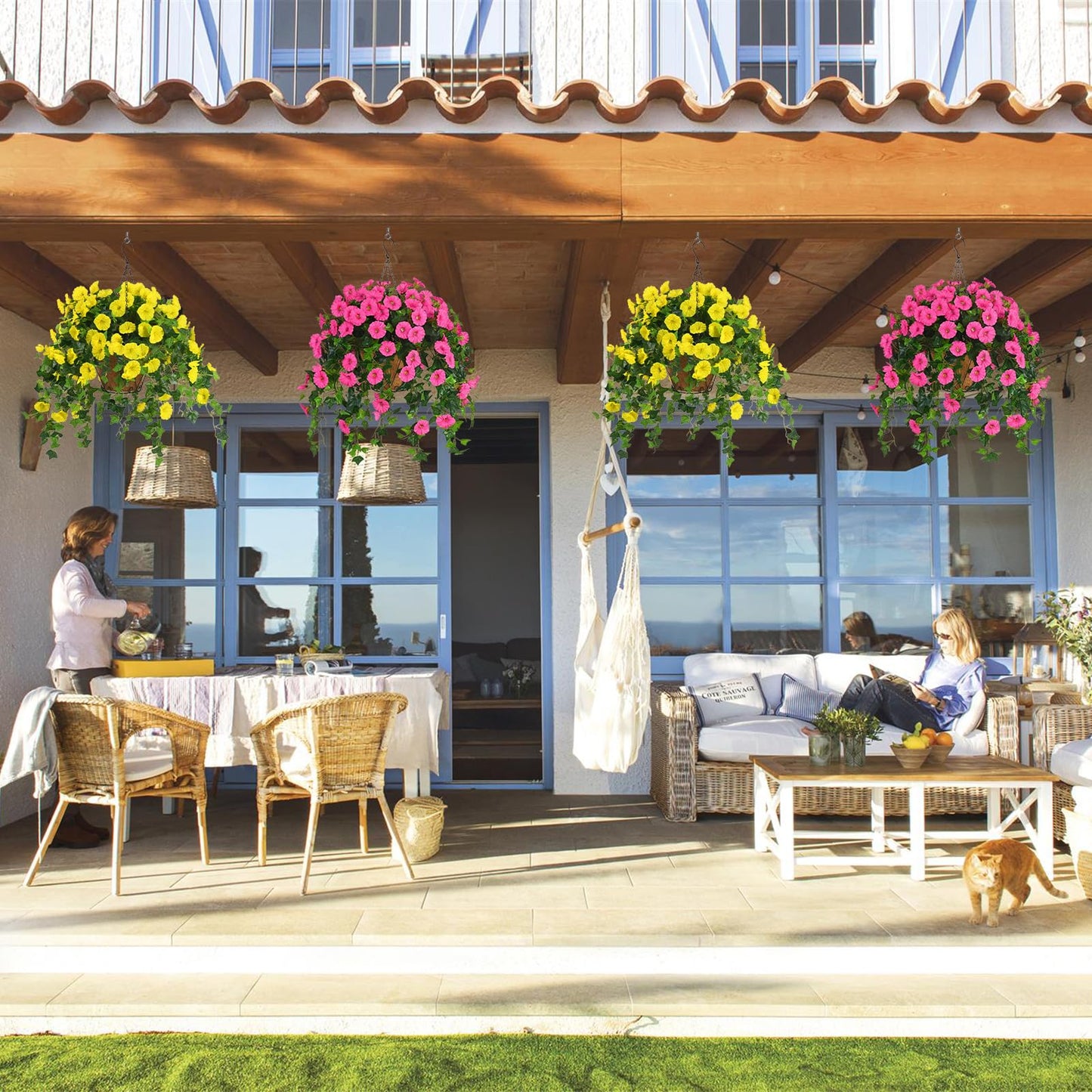 Waipfaru Artificial Hanging Baskets with Flowers, Fake Hanging Plants Outdoors, Urn Fillers for Outside Summer Decor (Fuchsia)