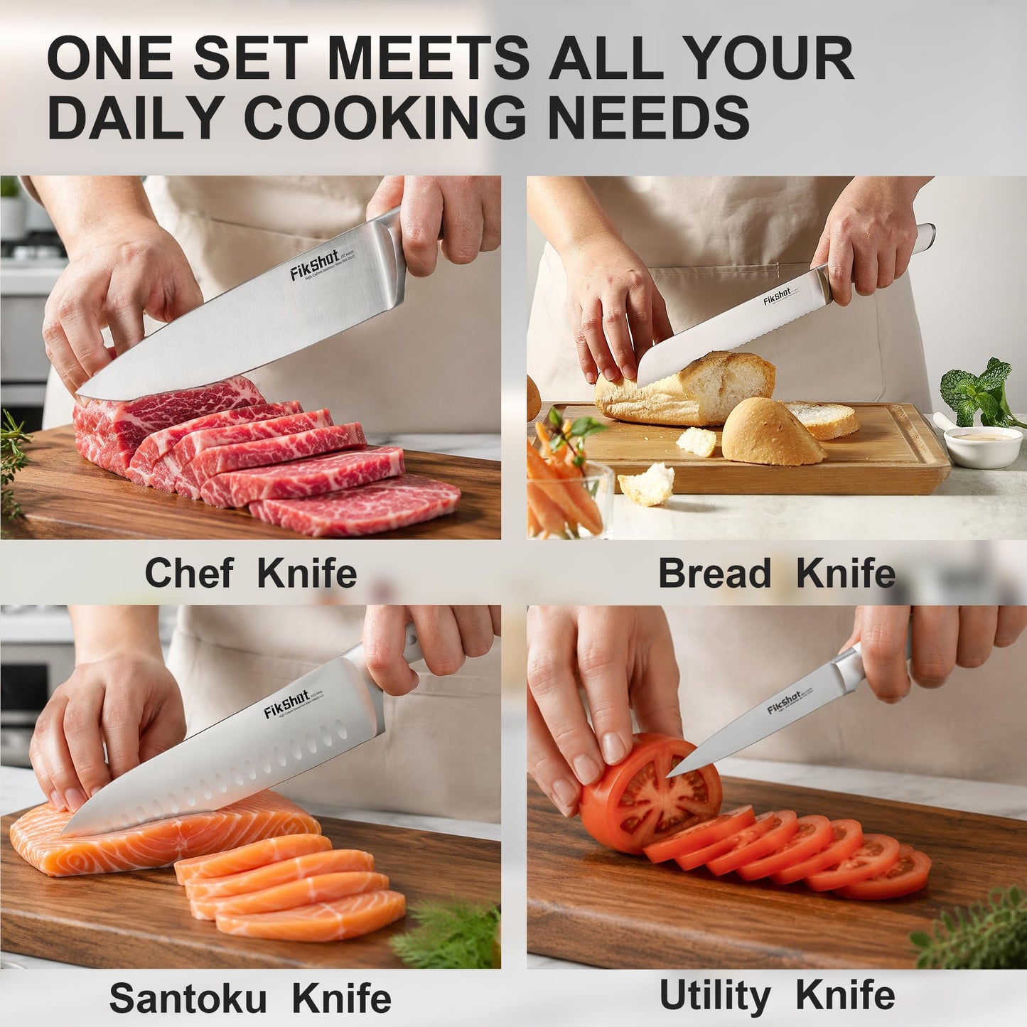 Fikshot 14-Piece Knife Set – German High Carbon Stainless Steel, Professional Chef Knives with Block & Sharpener, Elegant White, Dishwasher-Safe, Modern Kitchens, Ideal Gift for Chef & Father's Day