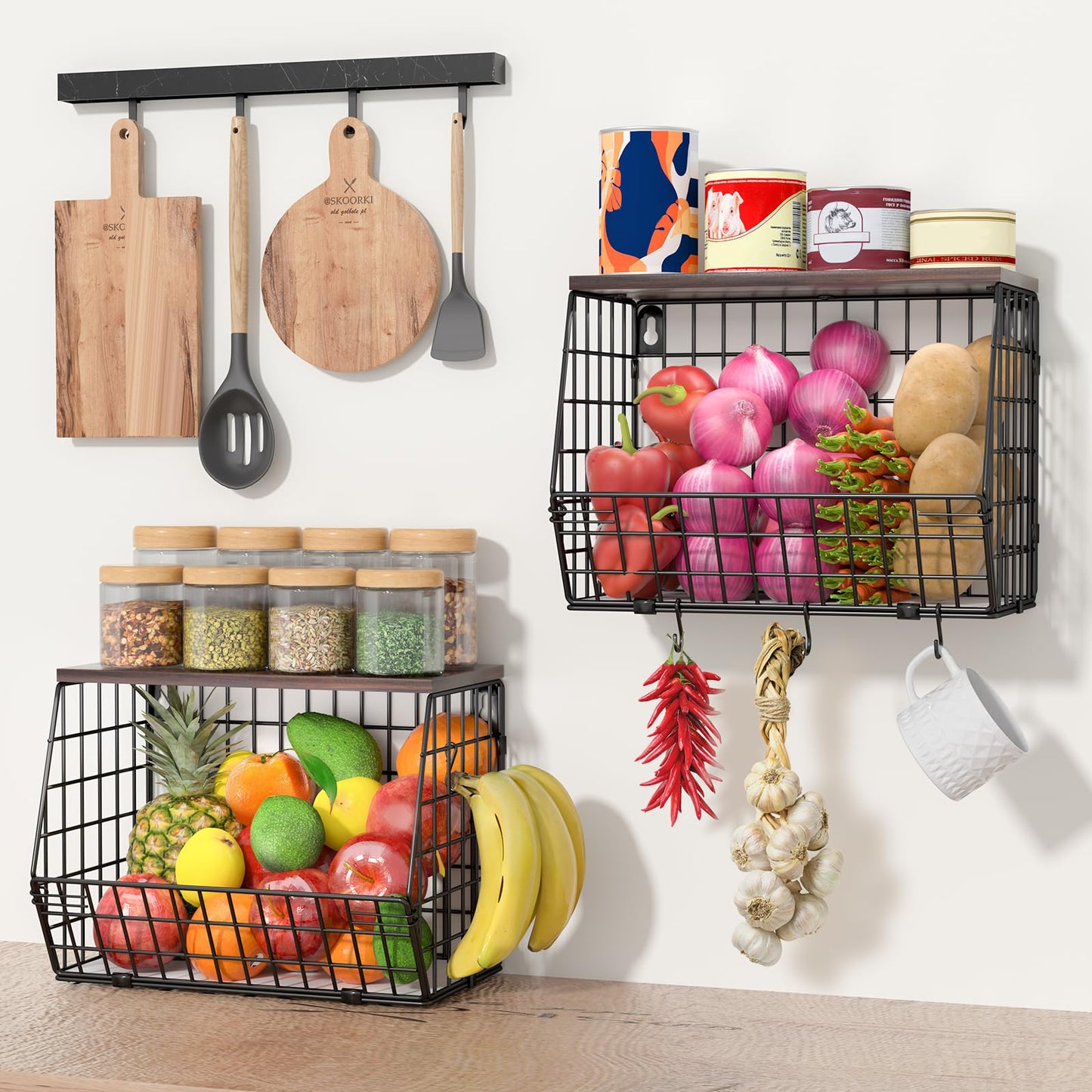 Wawocs Fruit Basket for Kitchen Counter 2 Tier Fruit Bowl, Stackable Wall Mounted Hanging Fruit Basket Wire Baskets with Wood Lid with 4 Banana Hanger Hooks, Onion Basket, Fruit and Vegetable Storage