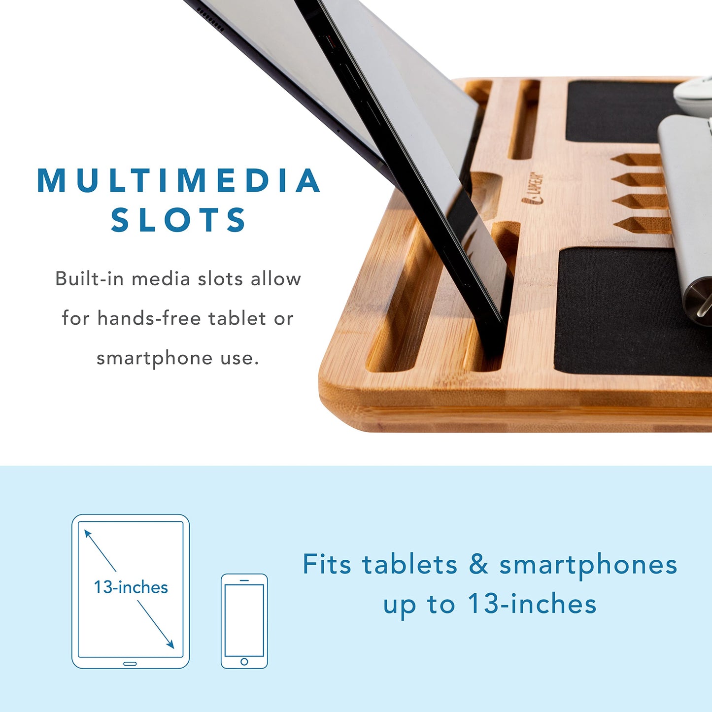 LAPGEAR Bamboo Pro Lap Board with Wrist Rest, Mouse Pad, and Phone Holder - Natural - Fits up to 17.3 Inch Laptops and Most Tablets - Style No. 77101