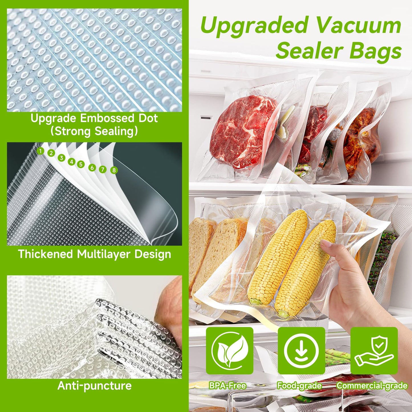 Vixino Vacuum Sealer Bags for Food, 8 Pack 4 Rolls 11" x 20' + 4 Rolls 8" x 20' Commercial Grade Vacuum Seal Bags Rolls, BPA Free, Customizable Size for Sous Vide, Freezer