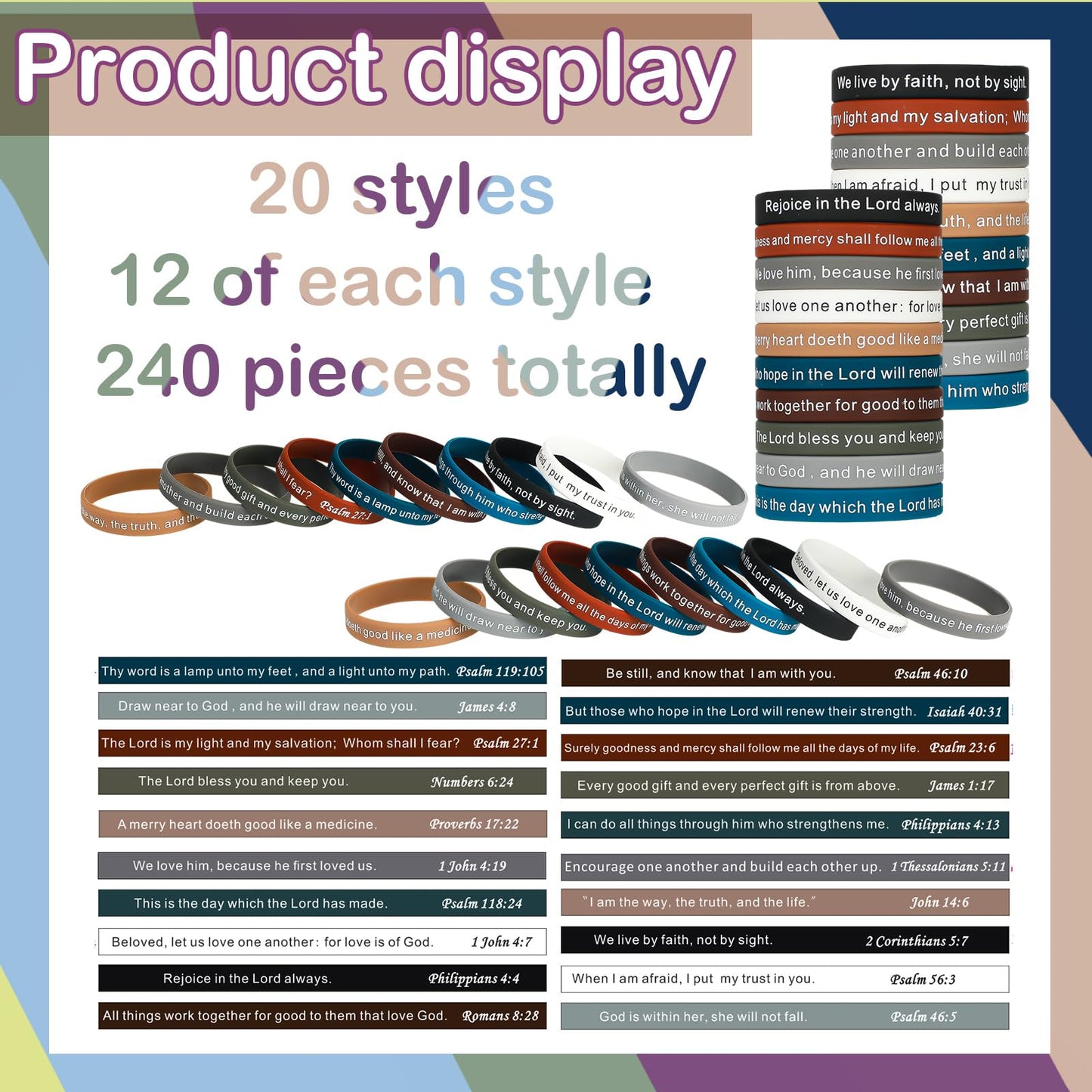 Estune 240 Pcs Bible Verses Bracelets Motivational Quote Rubber Wristbands Christian Religious Silicone Bracelet Inspirational Silicone Wristbands for Unisex Men Women Party (Pastel Color)