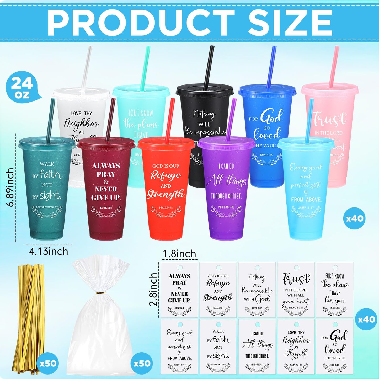Skylety 40 Sets Christian Plastic Tumblers with Lids Straws Bulk Father' Day 24oz Bible Verse Cups, Reusable Christian Cup Religious Church Gift for Vbs Sunday School Party Baptism (Stylish Color)
